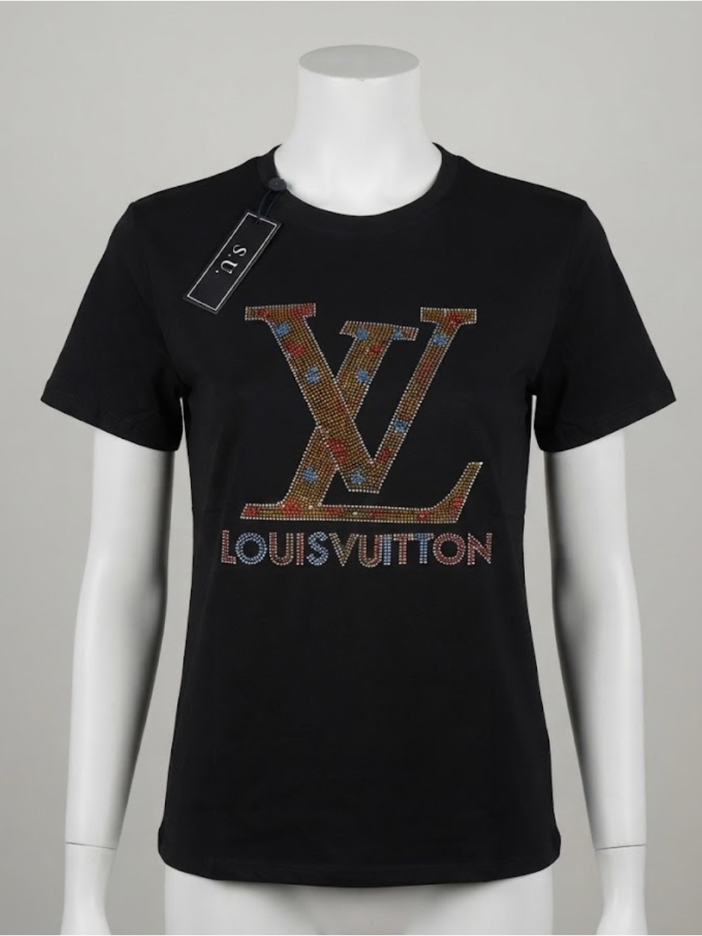 Woman Fashion Black Crystal Logo Short Sleeve Tee
